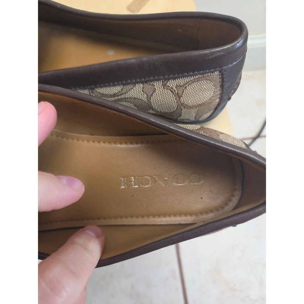 Coach Signature Penny Loafers Khaki Brown Monogram Leather Trim Flats 7.5 Narrow